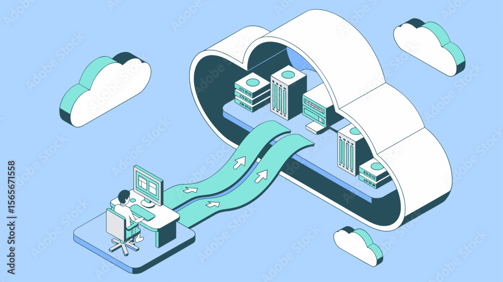it specialist migrating data from desktop to cloud servers, isometric vector illustration for cloud computing, data migration and digital transformation