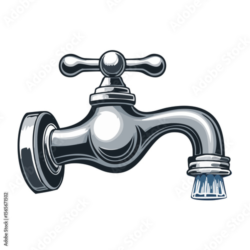Illustration of a dripping water tap with shiny chrome finish on a dark background