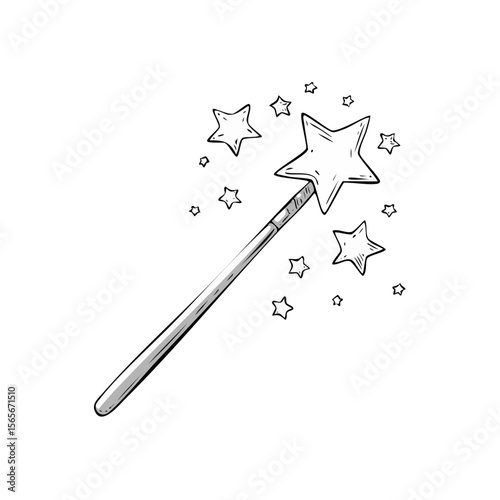 Magical Wand with Stars Creates a Sparkling Effect on Black Background in Hand Drawn Style