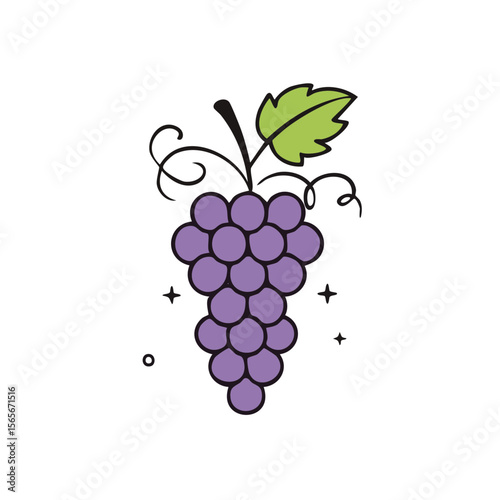 Cartoon Purple Grapes with Green Leaf and Whimsical Details on Black Background