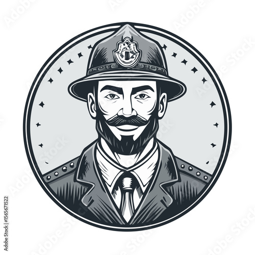 Monochrome Explorer Portrait with Bush Hat, Mustache, and Uniform, Emblem in a Decorative Circle