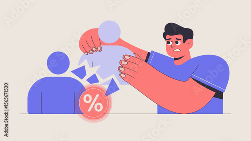 business analyst breaking a customer icon to represent churn, vector illustration for churn prediction, customer retention strategy and reducing attrition rate