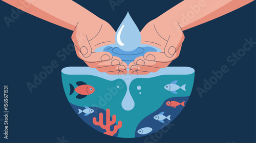 hands catching clean water over a marine ecosystem, vector illustration for water conservation, ocean preservation and environmental protection