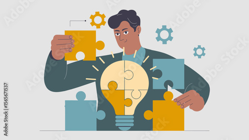 entrepreneur assembling a lightbulb puzzle, vector illustration for building an idea, innovation process and strategic problem solving