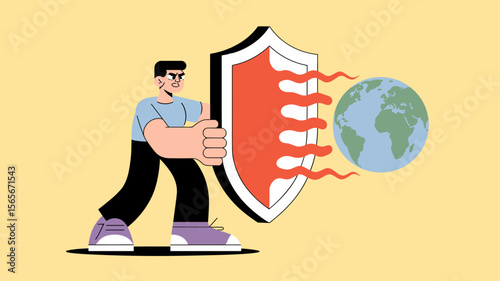 activist with a shield protecting the earth from global warming, vector illustration for climate action, global protection and environmental defense