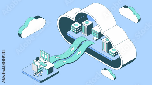 it specialist migrating data from desktop to cloud servers, isometric vector illustration for cloud computing, data migration and digital transformation