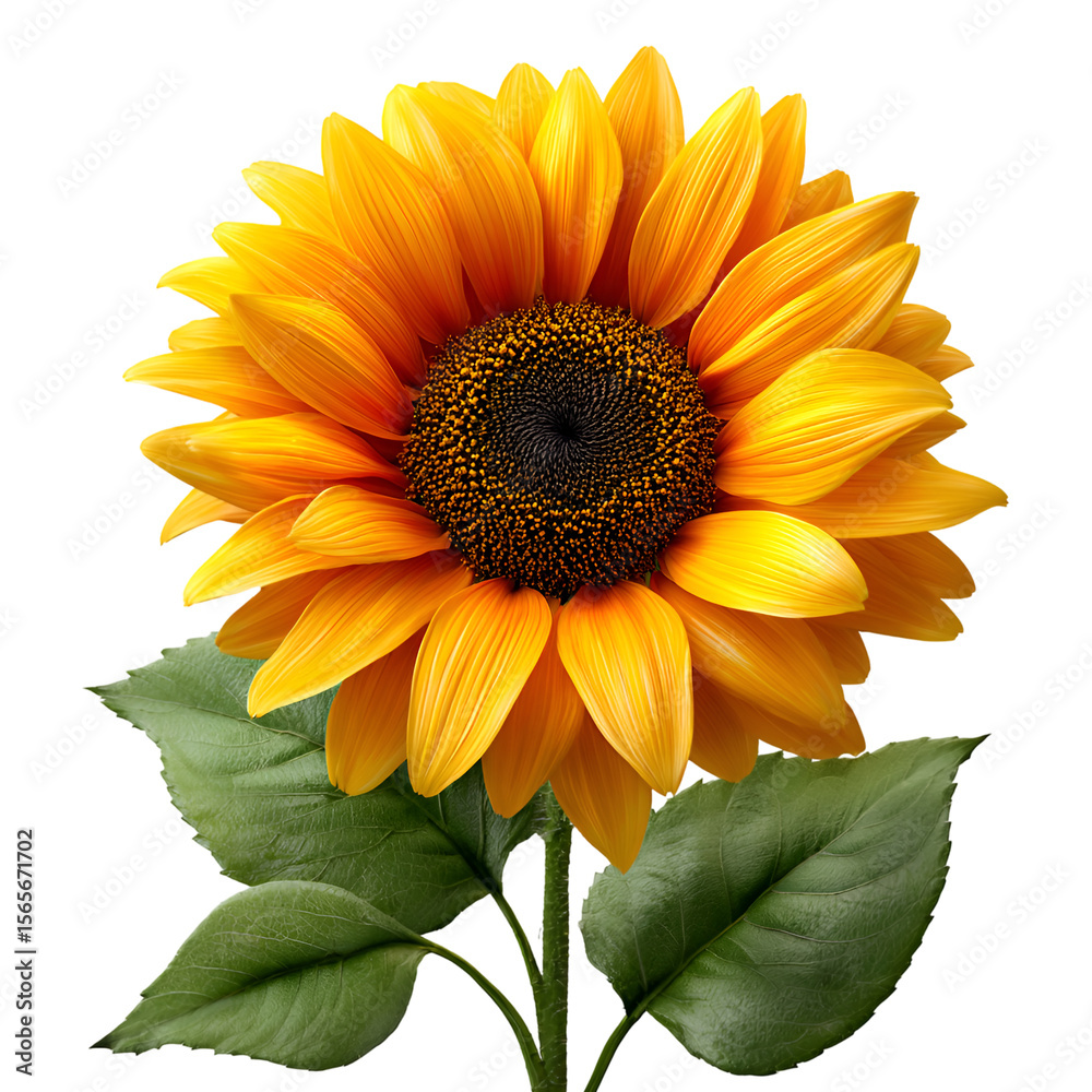 Obraz premium Realistic 3D illustration of a vibrant sunflower with detailed petals and lush green leaves on a neutral background, perfect for summer, nature, and botanical designs.