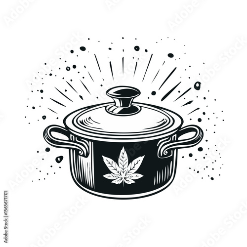 Black and white illustration of a pot with a lid and cannabis leaf design isolated on a black background for graphic design concepts
