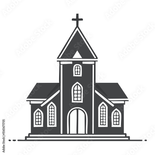 Stylized Church Building Illustration with Cross Symbol on Top in Gray and White Simple Church Architecture Concept