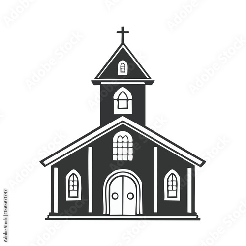 Illustration of a charming Christian church with cross steeple against black background simple religious building