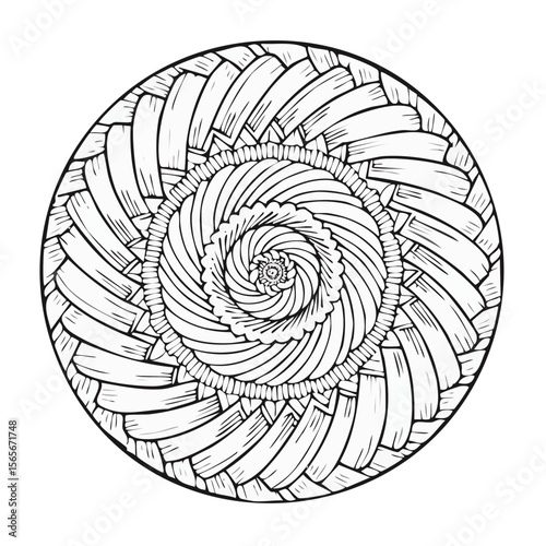Circular Woven Texture Design in White and Black, Weave Pattern with Concentric Spirals for Backgrounds and Overlays