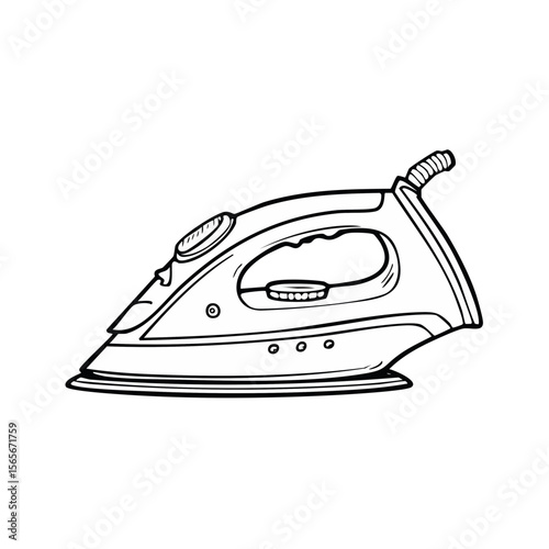 Retro electric iron outline illustration against black for ironing and garment care projects minimalist and clean design element vector drawing