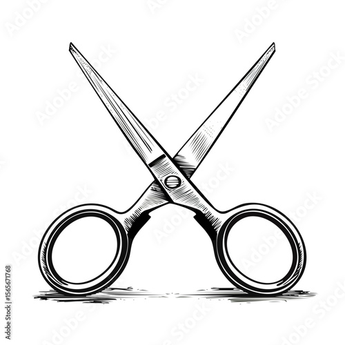 Sketch illustration of open scissors with circular handles on black background