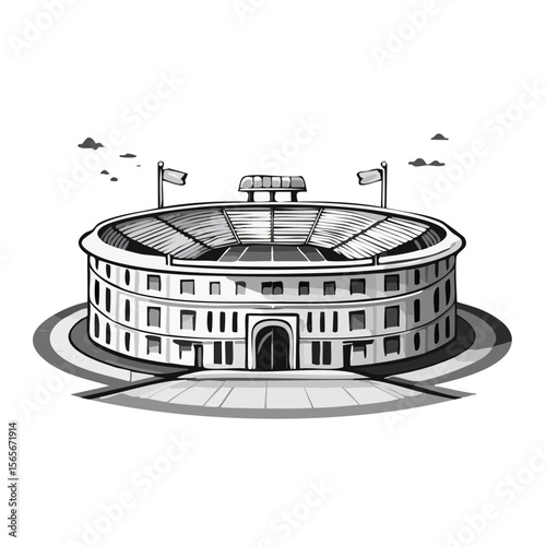 Illustration of a Stadium in Black and White with Flags Waving in the Air