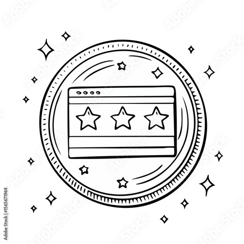 Hand drawn doodle coin with three stars and browser window illustration concept for online ratings or review system