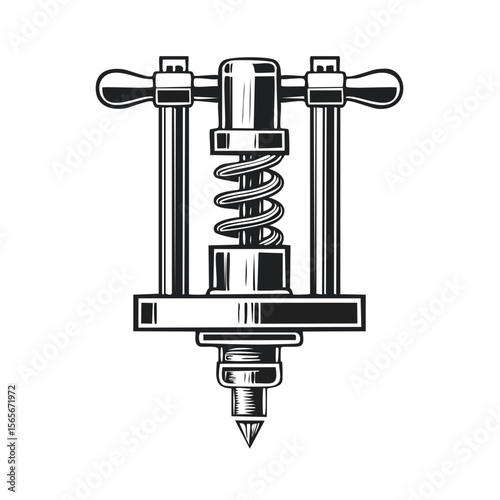 Minimalist line drawing of a coil spring press machine with handle and spike. Industrial mechanic tool vector illustration on dark backdrop