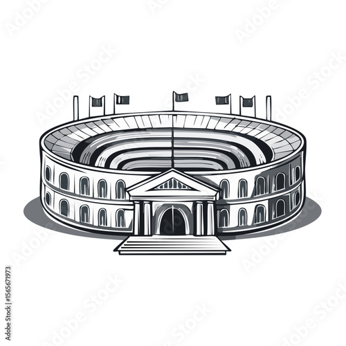 Black and White Illustration of a Stadium with Flags and Arched Entrance