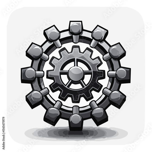 Cartoon Illustration of Interlocking Gears, Abstract Mechanical Design, Engineering Concept