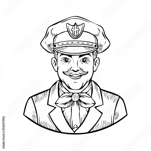 Illustration of Man in Captain's Hat with Bow Tie in Black and White Comic Book Style