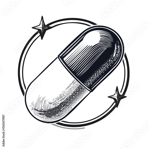 Engraved capsule illustration with circle element and stars for medical health design or drug related concept with black background for creative stock art
