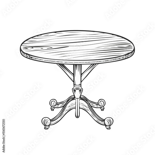 Round Wooden Table Illustration with Ornate Base on Dark Background