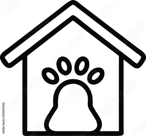 Simple line art of a dog house with paw print design