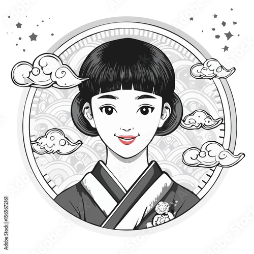 Asian woman illustration in traditional kimono against cloud and star backdrop. Anime style portrait in monochrome with red lips for design projects