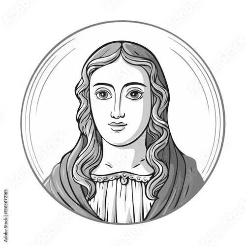 Monochrome Portrait of Young Woman with Long Wavy Hair in Ornamental Circle Frame