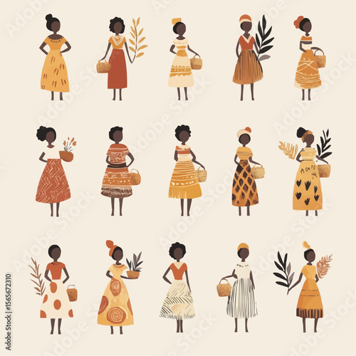Colorful flat African women set with simple cartoon shapes, baskets and traditional dresses for packaging, nursery decor, crafts and greeting cards