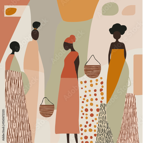 Playful flat cartoon set of African women in colorful dresses with baskets for nursery prints, packaging, DIY crafts and celebration decor