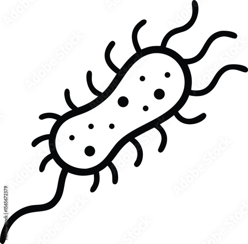 Simple line art of bacteria illustration, pathogen microorganism with flagella