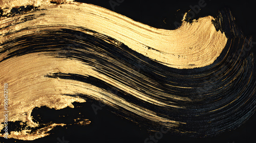 Abstract golden brushstrokes on a black background, creating a dynamic and textured artistic composition.