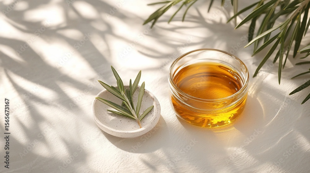 A small glass jar of golden oil sits on a white surface next to a rosemary sprig on a white saucer A small glass jar of golden oil sits on a white surface next to a rosemary sprig on a white saucer