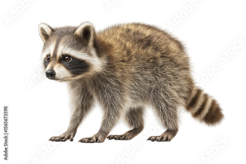 PNG Curious raccoon: detailed wildlife image with fluffy fur and striped tail