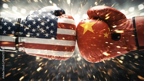 Boxing gloves clash with usa and china flags in a symbolic confrontation scene