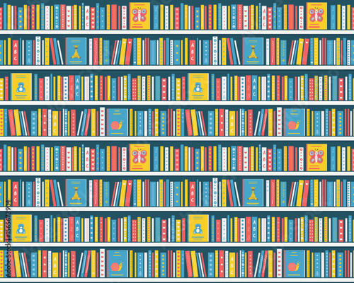 Children's Books on the Shelves. Seamless Pattern. Bookshelves with Kids Books. Library Interior or Bookstore Interior. Children's books on Shelves. Vector illustration in Blue, Yellow, Red, White.