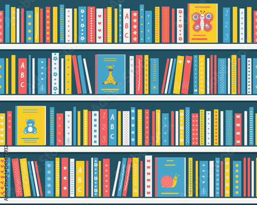 Books on the Shelves. Seamless Pattern. Bookshelves with Kids Books. Library Interior or Bookstore Interior. Children's books on the White Shelves. Vector illustration in Blue, Yellow, Red, White