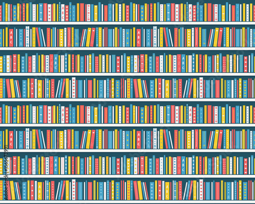 Books on the Shelves. Seamless Pattern. Bookshelves with Kids Books.  Library Interior or Bookstore Interior. Children's books on the White Shelves. Vector illustration in Blue, Yellow, Red, White