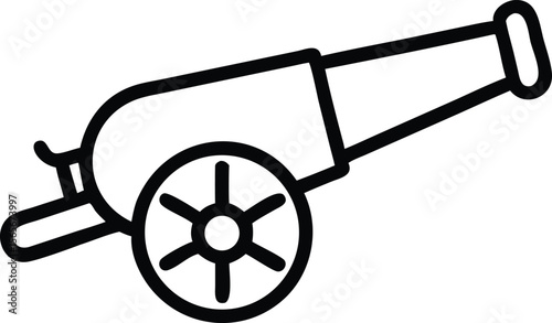 Simple line drawing illustration of a classic wheeled cannon weapon firing device
