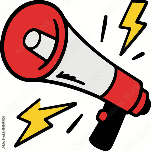 A bold illustration of a red and white megaphone with yellow lightning bolts, symbolizing announcement, communication, and powerful messaging on a white background.
