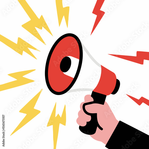 A hand holds a red megaphone, broadcasting an urgent message, with dynamic yellow lightning bolts radiating outwards, symbolizing a powerful announcement or news alert.