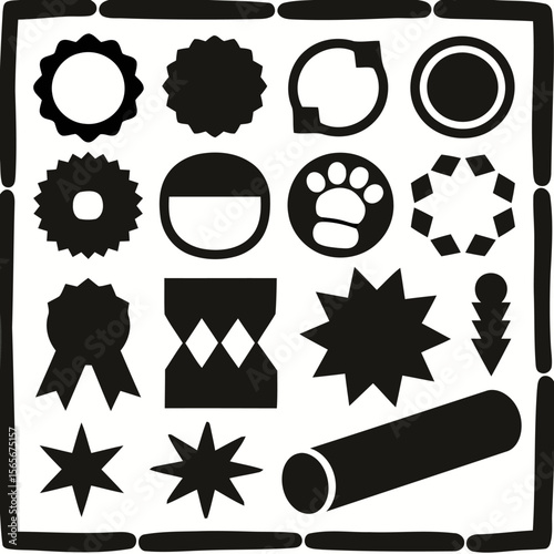 Collection of diverse black graphic elements and shapes, including stars, circles, and ribbons, arranged in a grid.