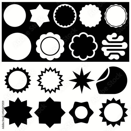 Collection of diverse starburst and circular shapes, perfect for graphic design elements, sale tags, and creative projects.