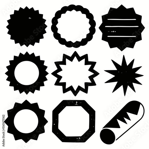A versatile collection of distressed black graphic elements, including starbursts, frames, and seals, perfect for vintage design projects.