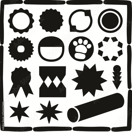 A collection of various black and white vector shapes arranged in a grid-like composition, perfect for graphic design elements and creative projects, providing versatility and visual interest.