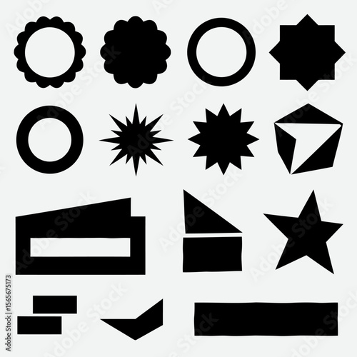 A collection of various black geometric shapes, including circles, stars, and polygons, arranged on a white background, perfect for design elements.