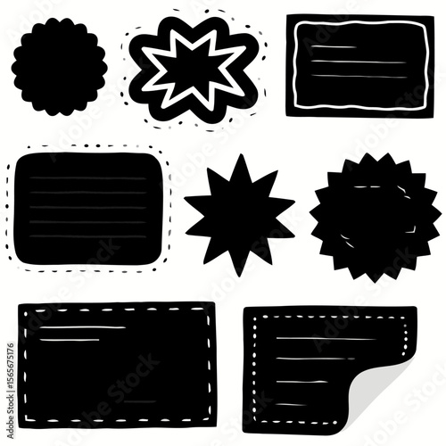 A collection of versatile hand-drawn black doodle labels and frames, perfect for adding a playful touch to various design projects.