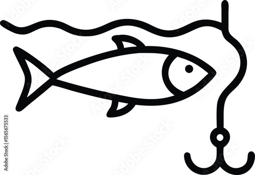 Simple outline drawing of fish and fishing hook under wavy water