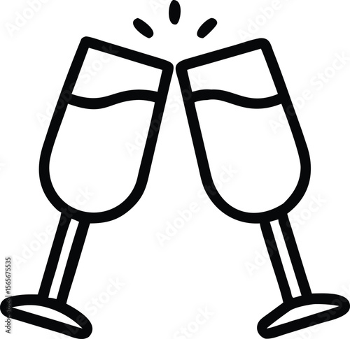 Simple outline drawing of two champagne glasses clinking for celebration event