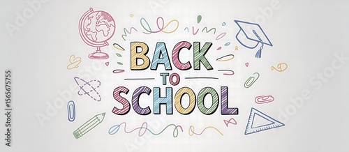 Back to school is written with colorful drawings isolated on white background